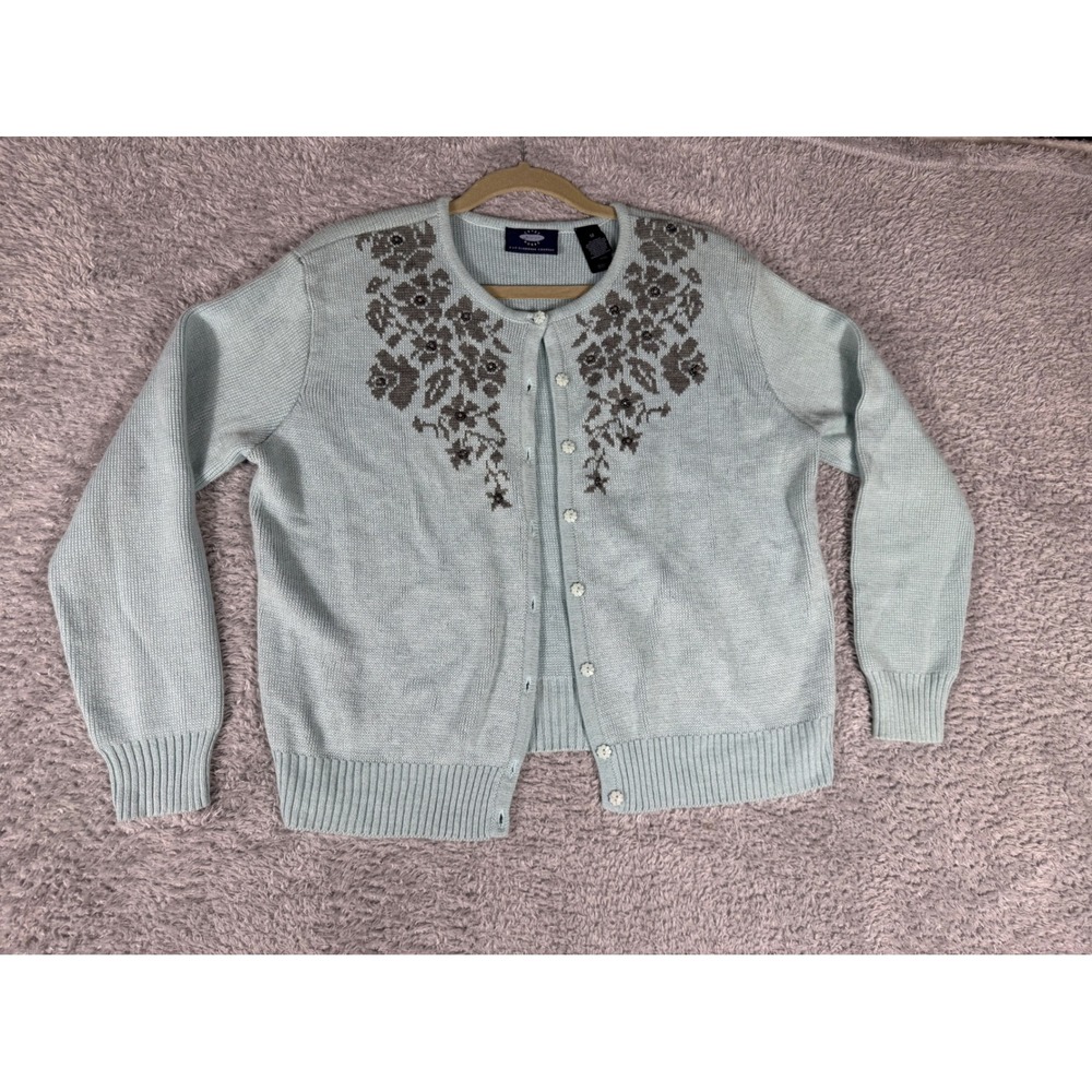 Crazy Horse Cardigan Women M Blue vintage 90's Floral Beaded Embroidered Sweater